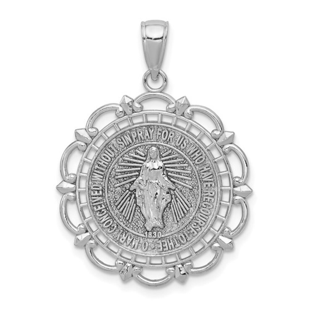 14k White Gold Miraculous Medal with Scallop Frame Charm Pendant for necklaces